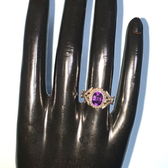 Vintage 9x 6mm Natural Amethyst 925 Sterling Silver Art Nouveau Ring - Picture 4 of 11